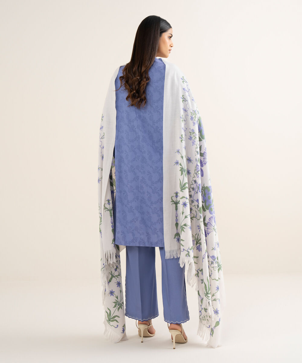 Women's Unstitched Embroidered Cotton Jacquard Blue 3 Piece Suit