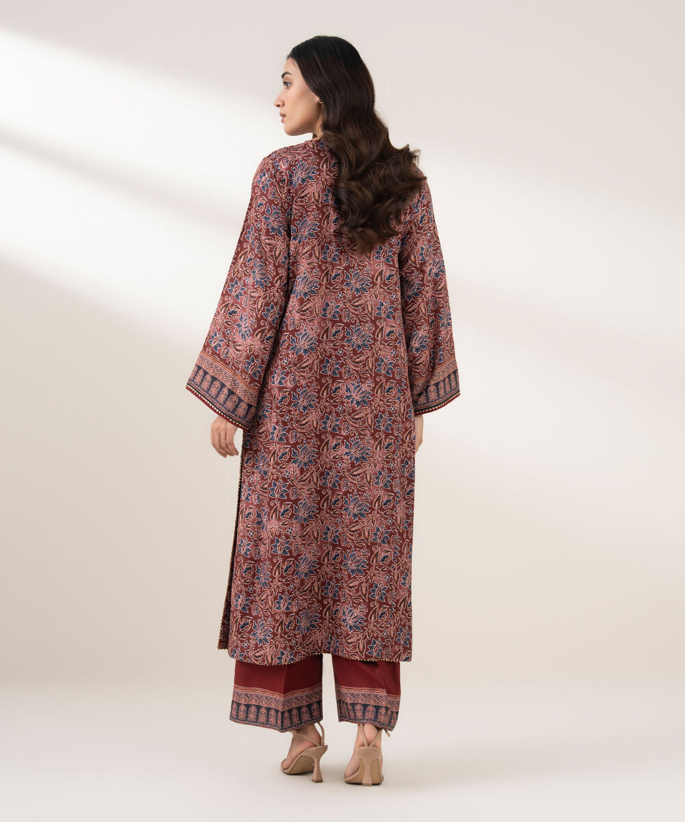 Women's RTW Viscose Linen Printed Straight Maroon Shirt