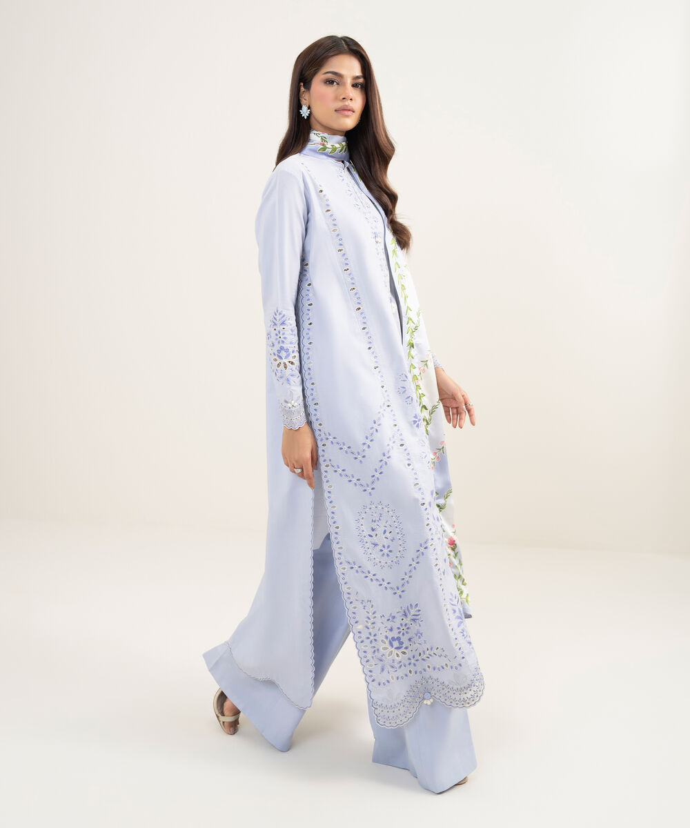 Women's Unstitched Textured Lawn Embroidered Blue 3 Piece Suit