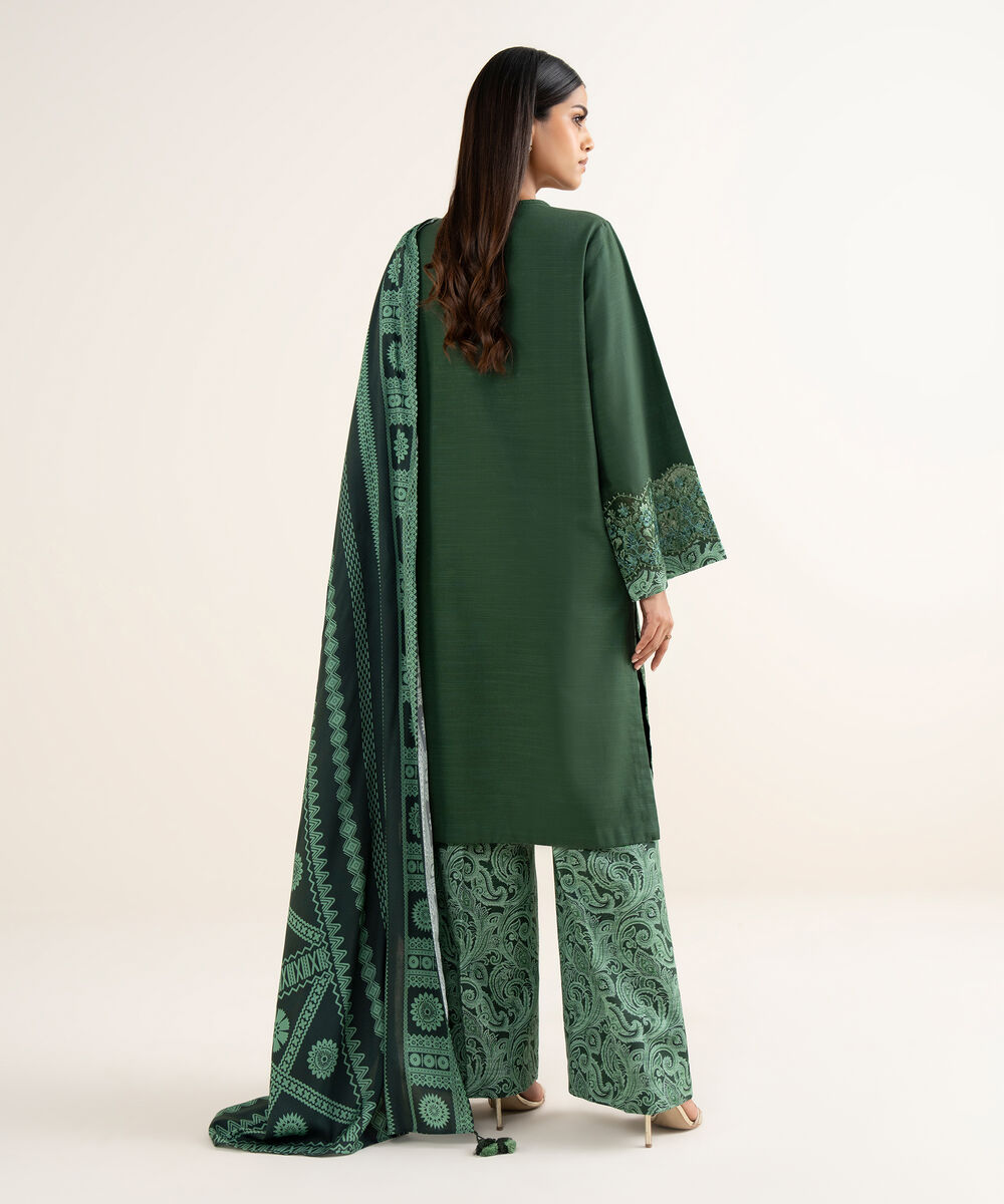 Women's Unstitched Khaddar Embroidered Green 3 Piece Suit