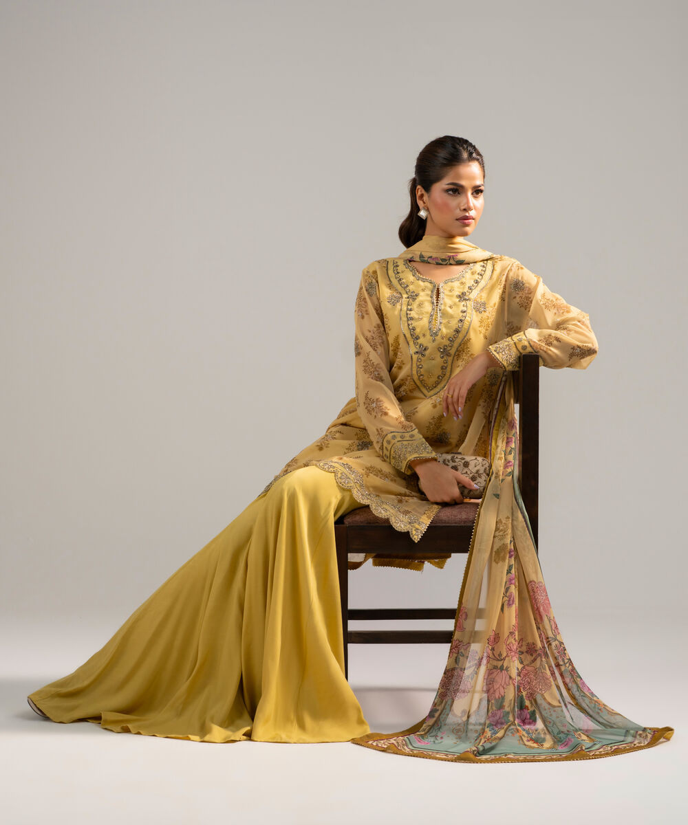 Women's RTW Chiffon Embroidered Yellow 3 Piece Suit