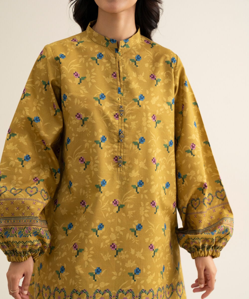Women's Unstitched Cotton Printed Mustard 3 Piece Suit