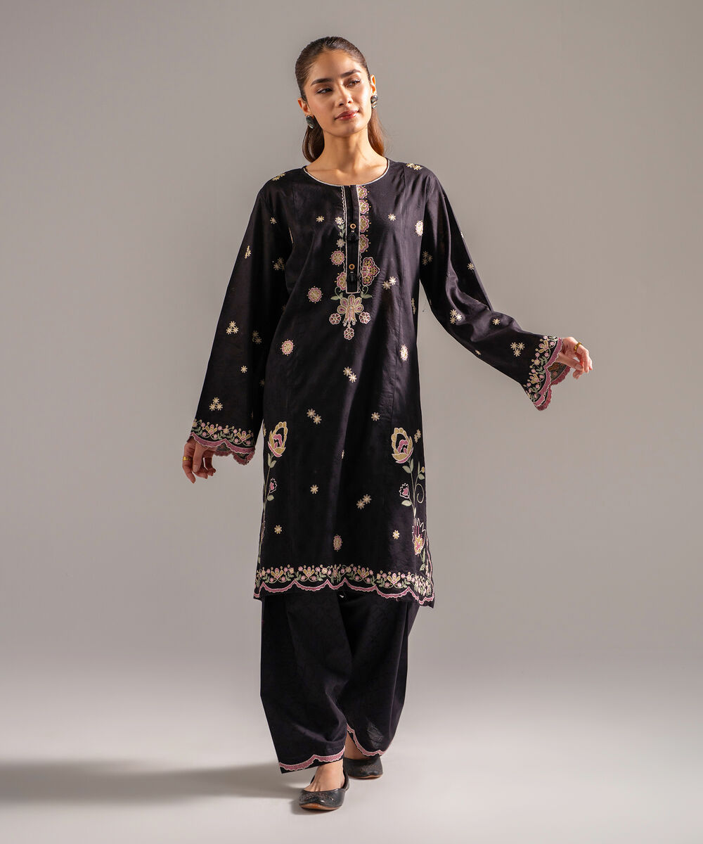 Women's RTW Self Jacquard Embroidered Black 2 Piece Suit