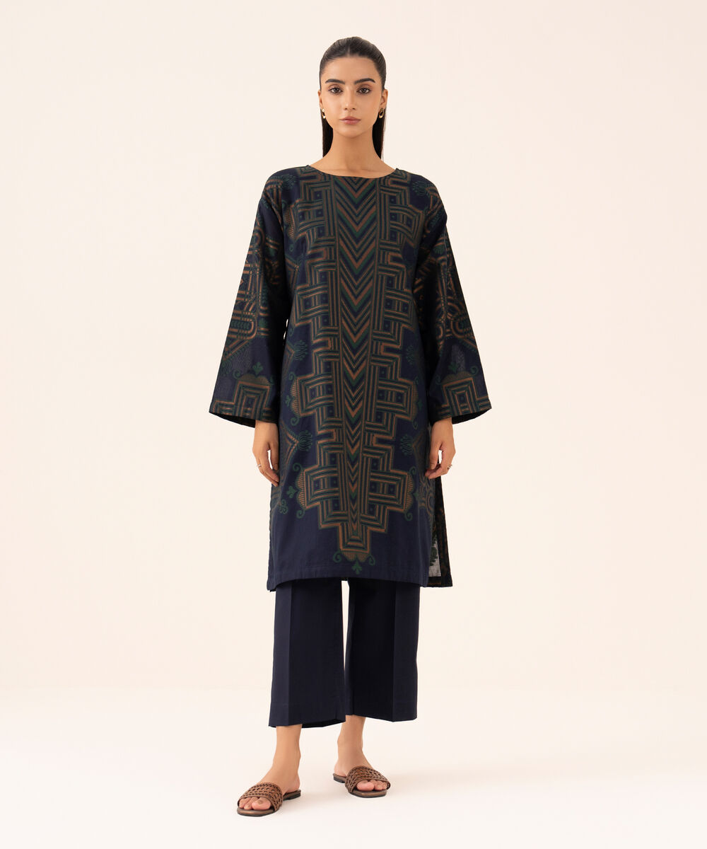 Women's RTW Extra Weft Jacquard Blue Solid Drop Shoulder Shirt