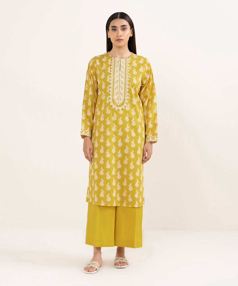 Women's RTW Lawn Yellow Embroidered A-Line Shirt