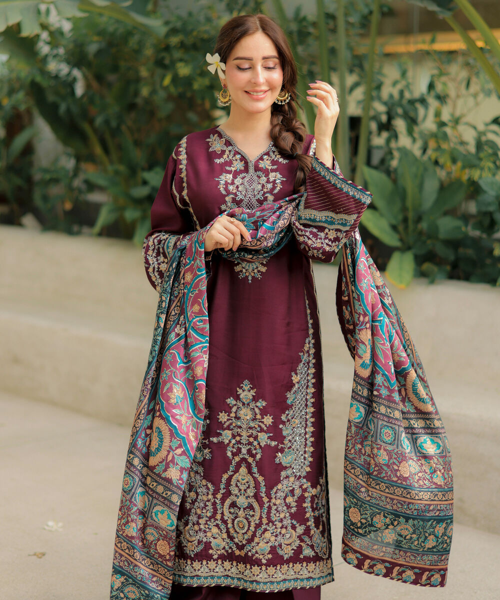 Women's Unstitched Embroidered Blended Raw Silk Maroon 3 Piece Suit