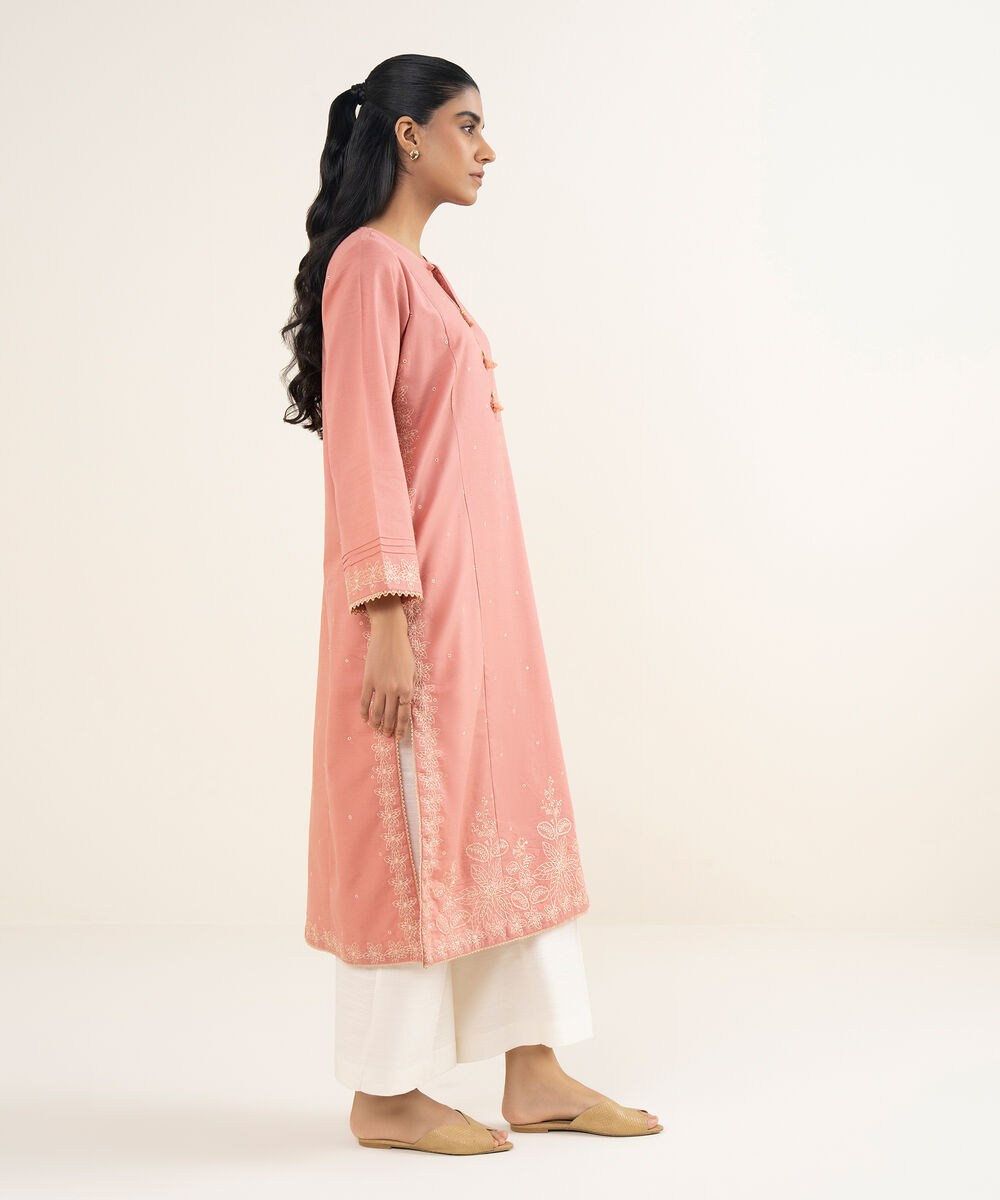 Women's RTW Cotton Embroidered Pink A-Line Shirt