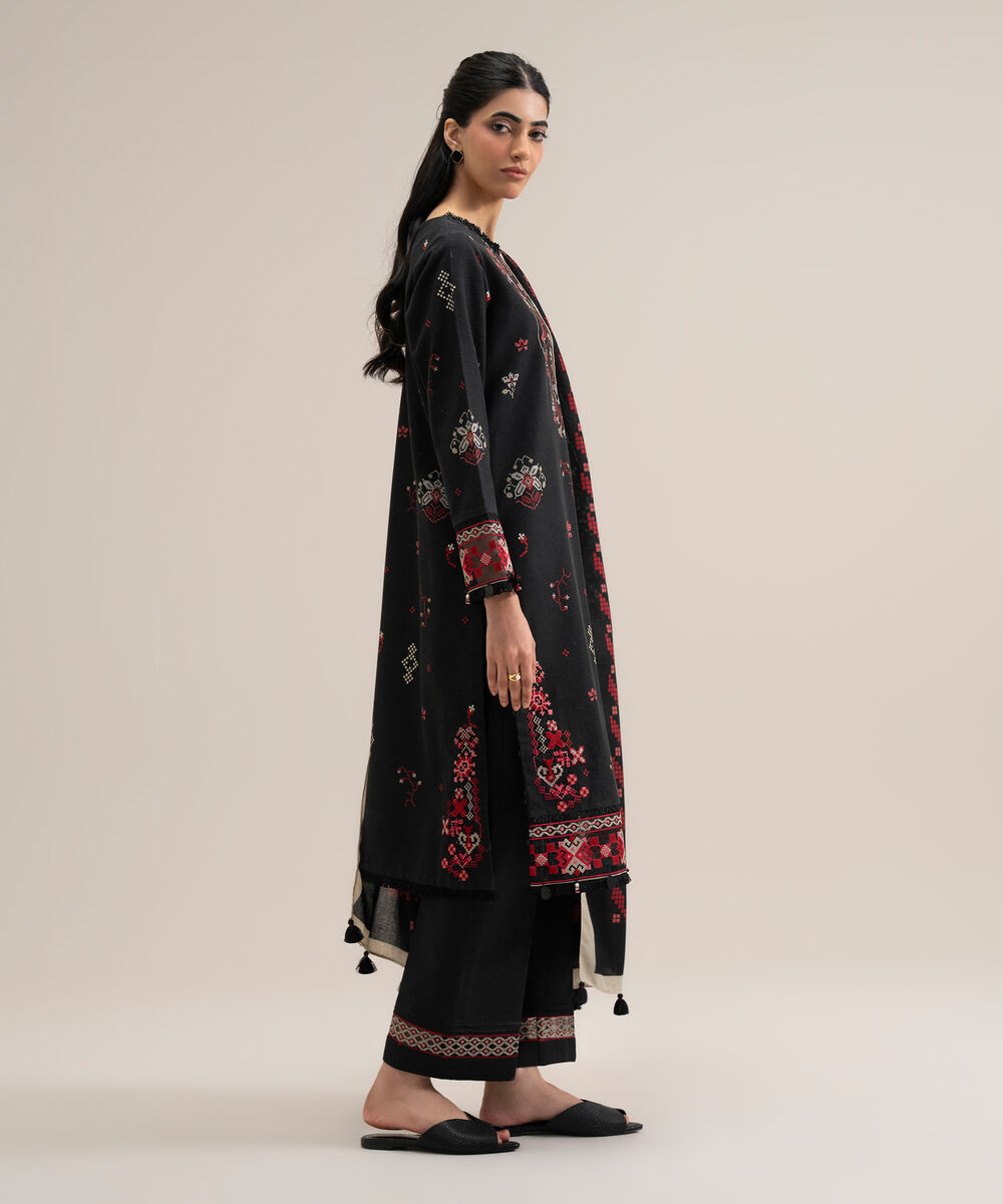Women's Unstitched Cotton Printed Black 3 Piece Suit