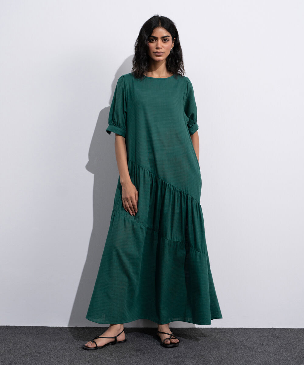 Women's Green Asymmetrical Panels Midi Dress