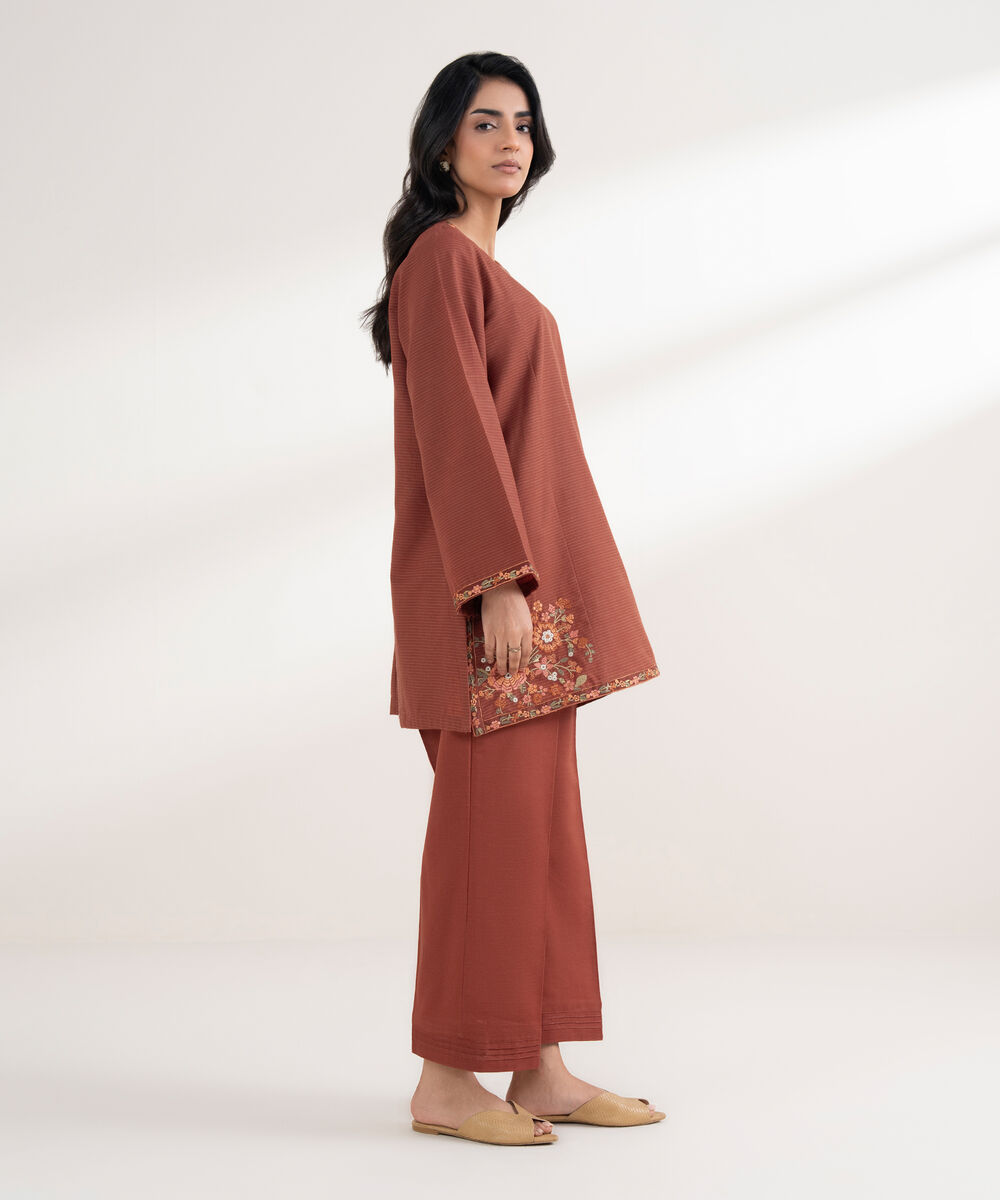 Women's RTW Zari Khaddar Embroidered Rust Straight Shirt