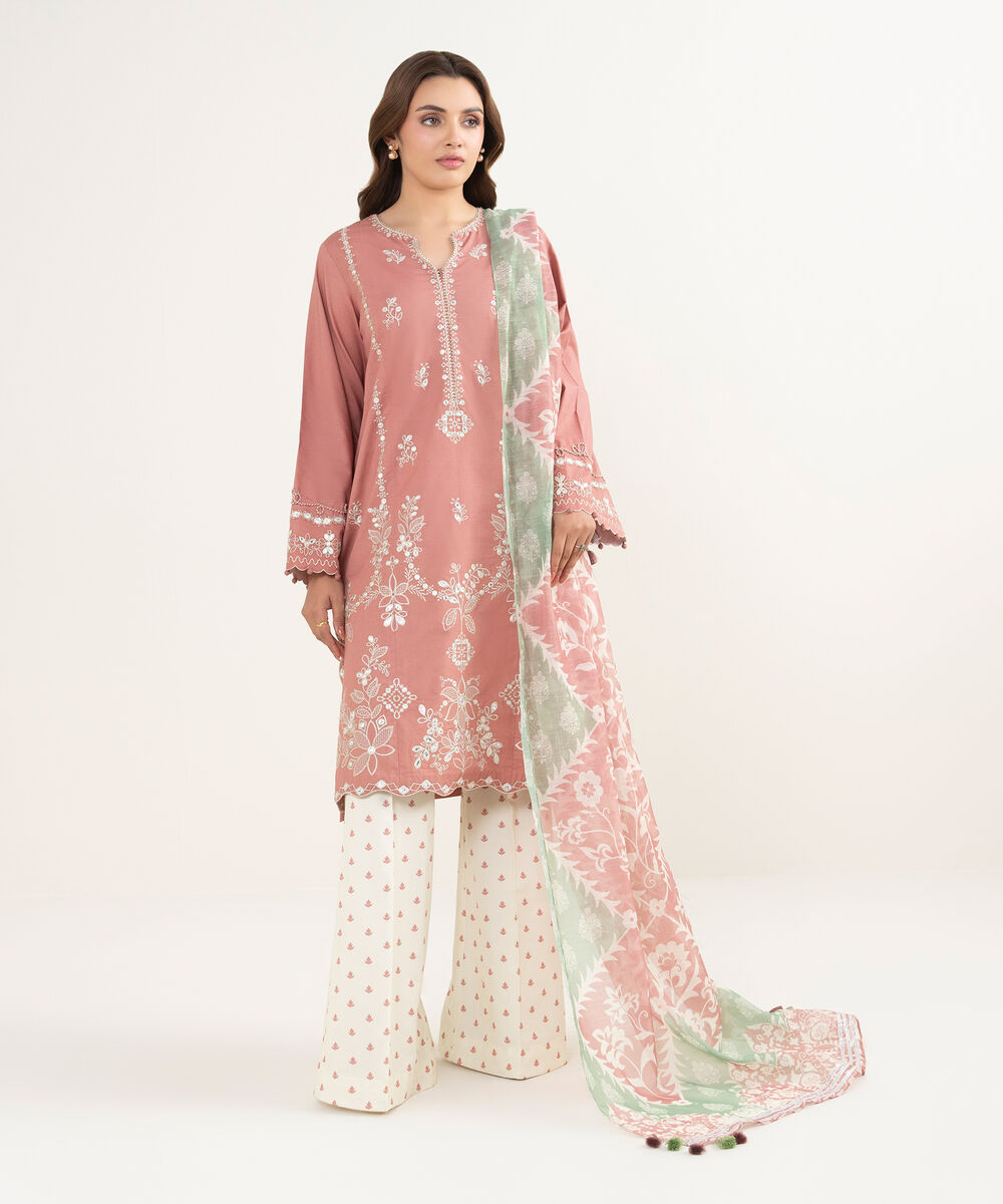 Women's Unstitched Textured Lawn Embroidered Pink 3 Piece Suit