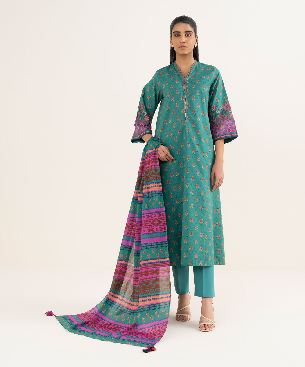 Women's Unstitched Textured Lawn Printed Green 3 Piece Suit