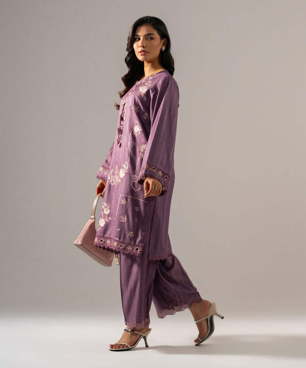 Women's RTW Dobby Crepe Lurix Solid Embroidered Purple Straight Shirt