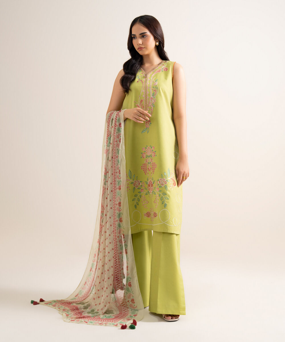 Women's Unstitched Embroidered Textured Lawn Parrot Green 3 Piece Suit