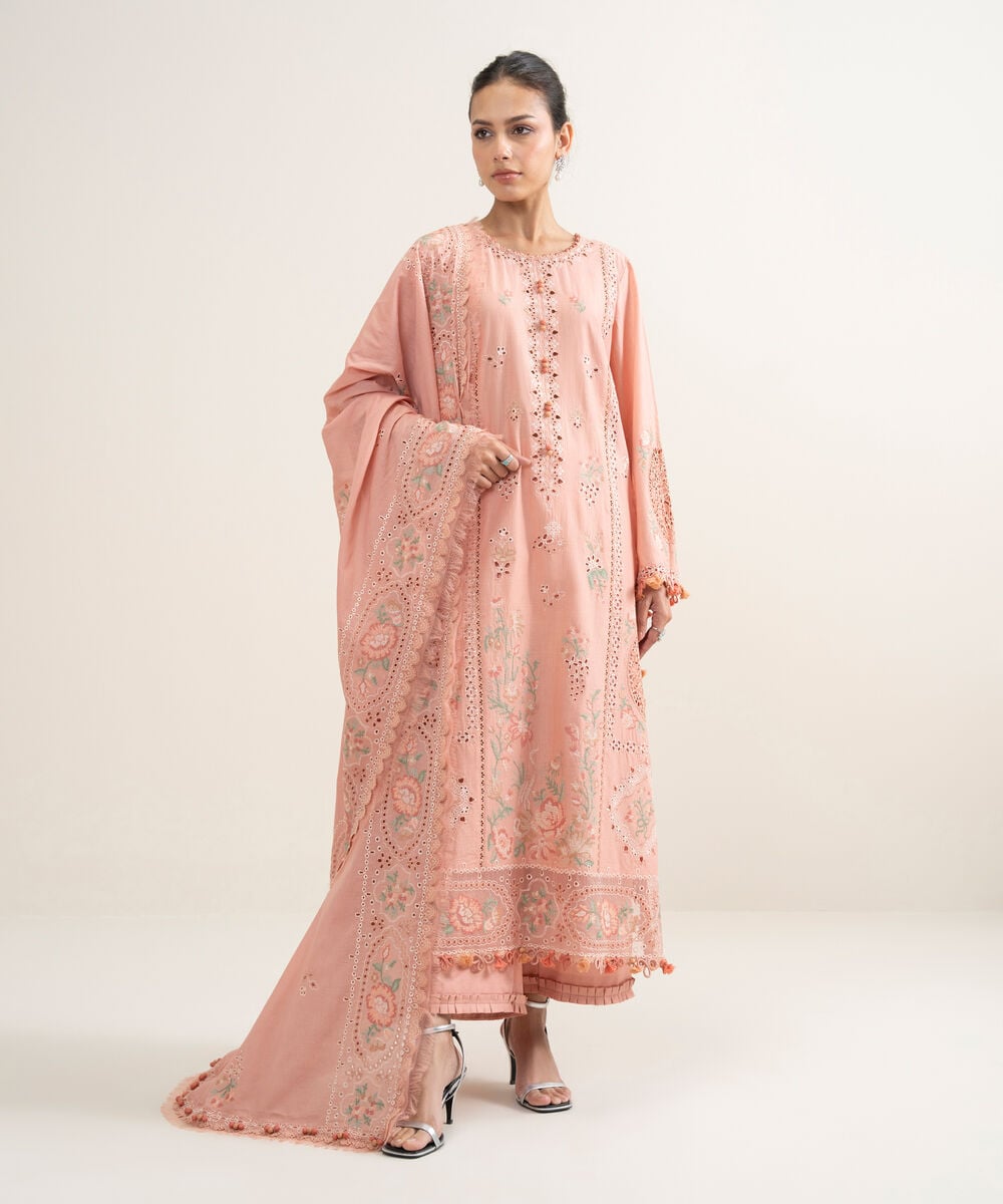 Women's Unstitched Slub Lawn Embroidered Coral Peach 3 Piece Suit