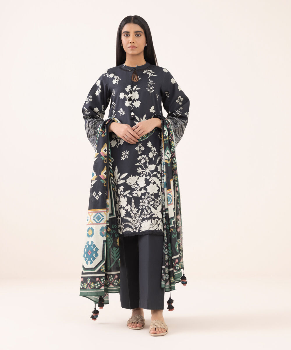 Women's Unstitched Cotton Printed Multi Three Piece Suit