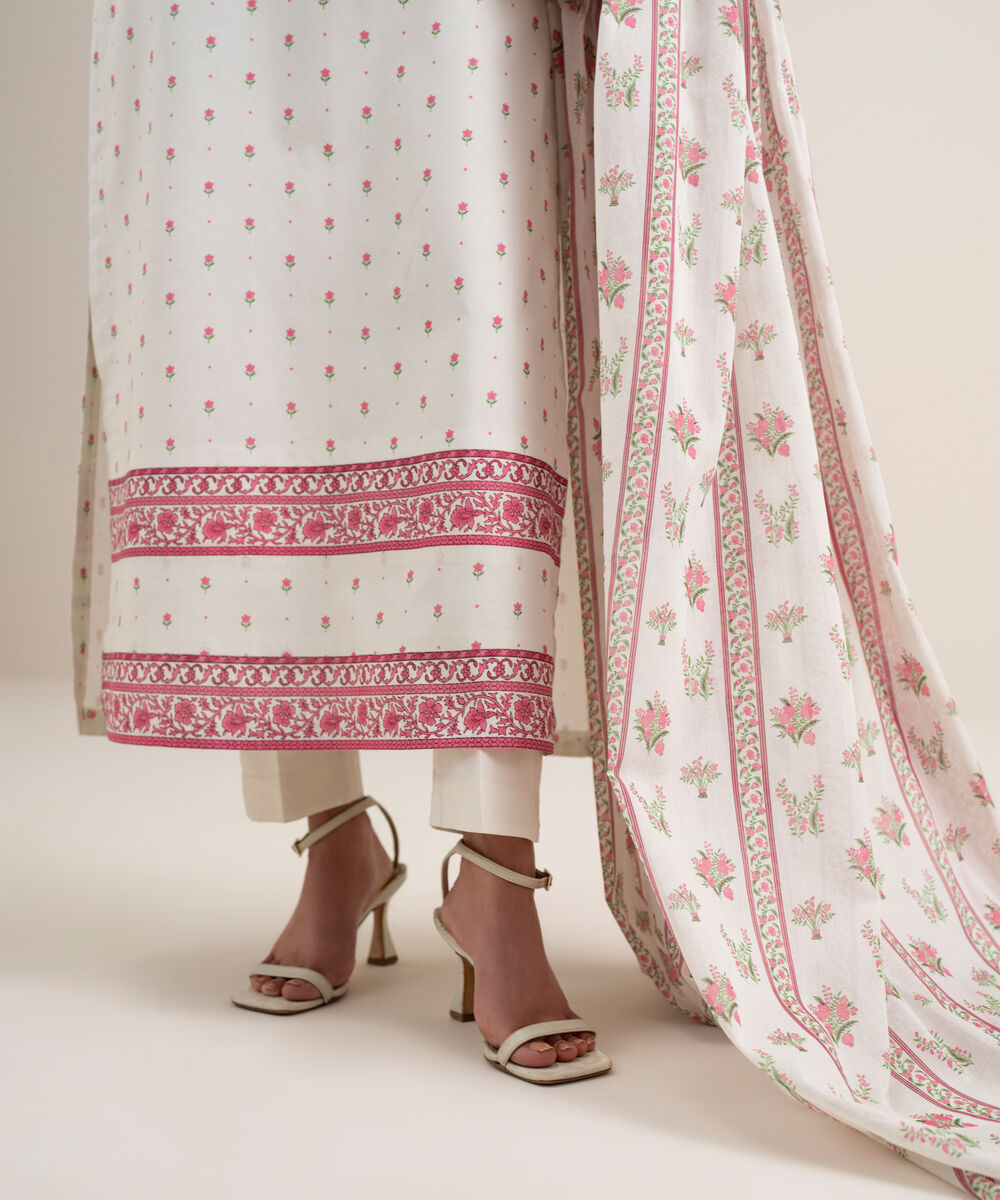 Women's Unstitched Lawn Printed Off White 3 Piece Suit