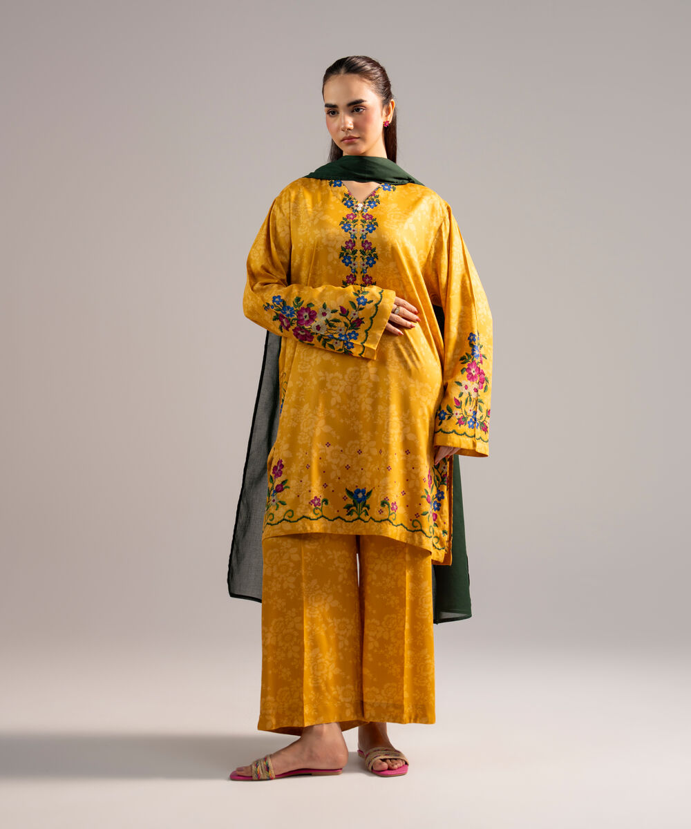 Women's RTW Arabic Lawn Printed Mustard Yellow 3 Piece Suit