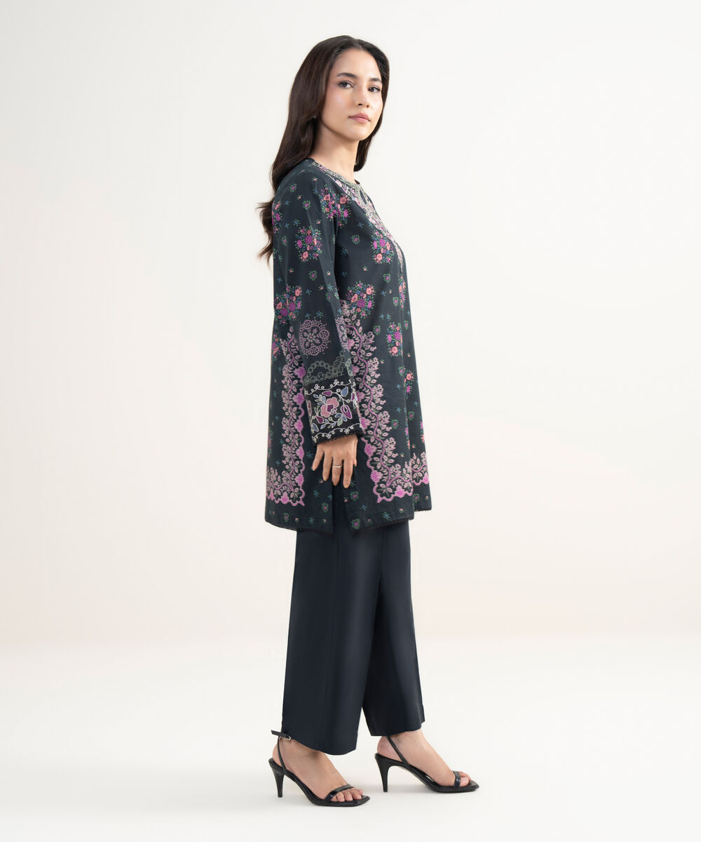Women's RTW Lawn Embroidered Black Straight Shirt