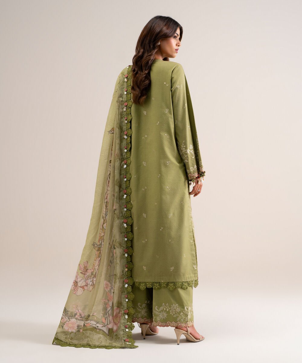 Women's Unstitched Embroidered Dobby Green 3 Piece Suit