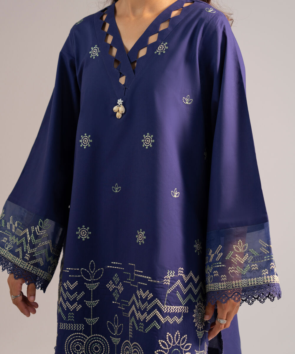 Women's RTW Cambric Embroidered Dark Blue Straight Shirt