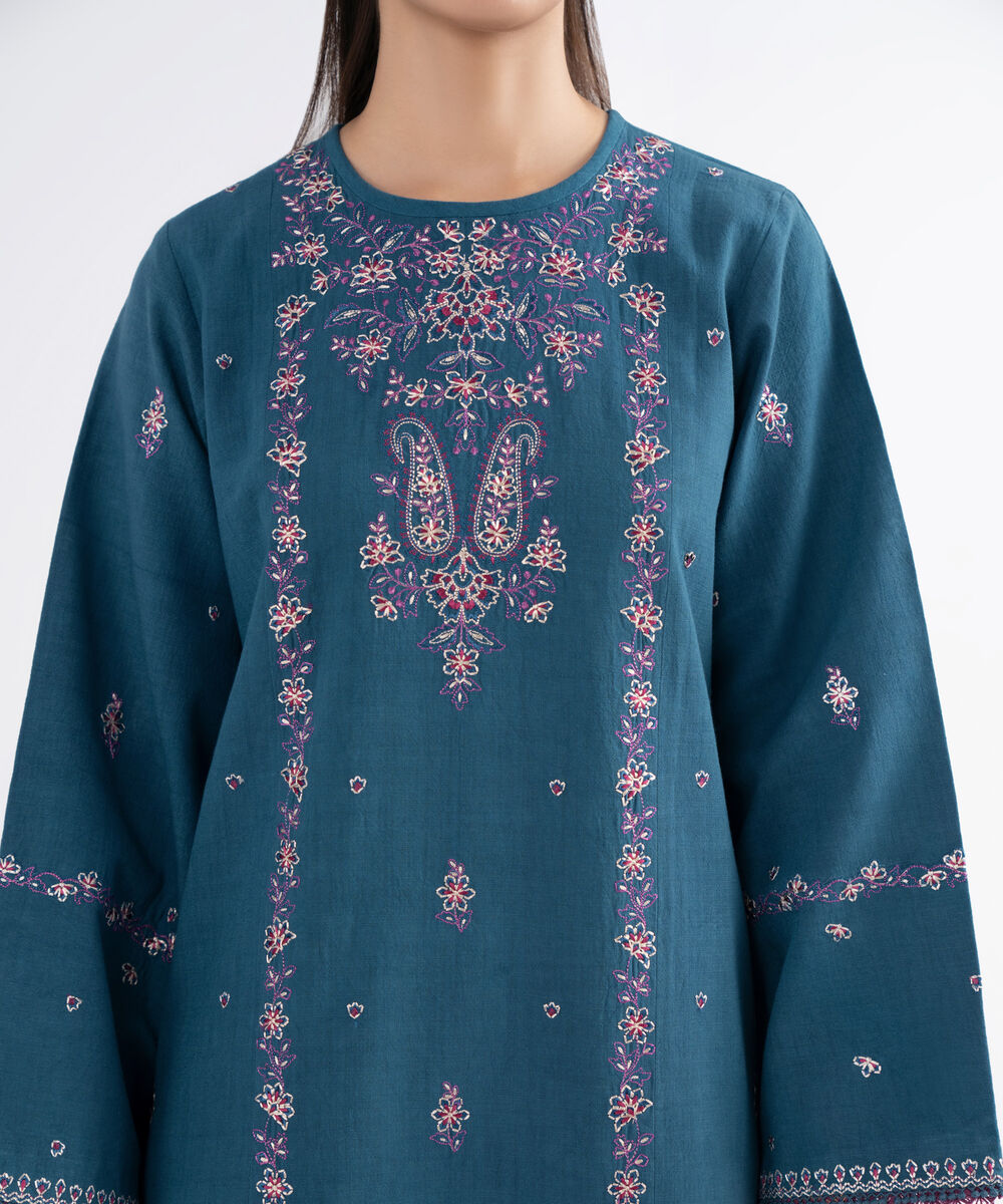 Women's Unstitched Cross Hatch Embroidered Blue 3 Piece Suit