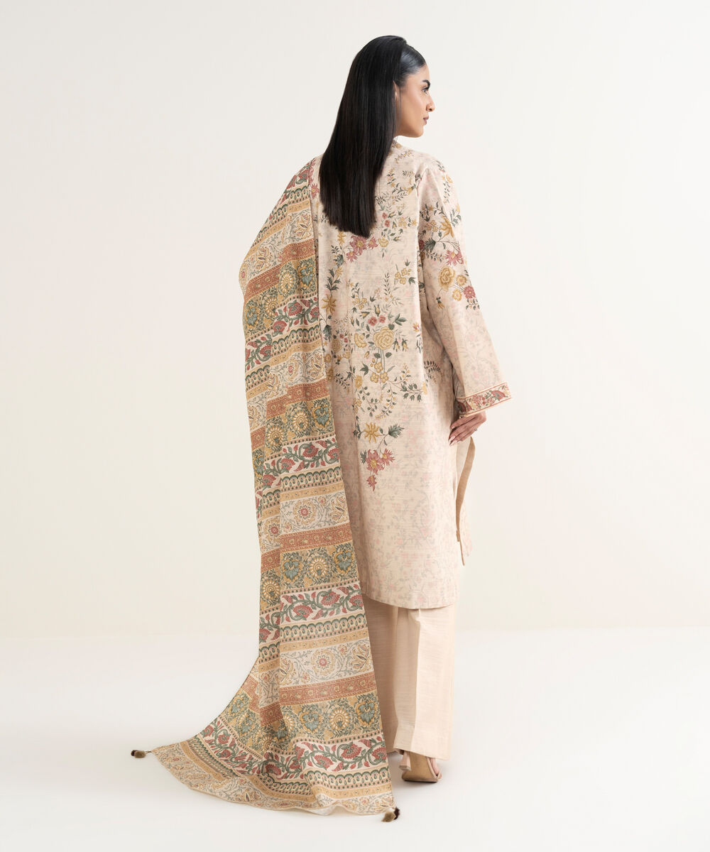 Women's Unstitched Printed Cotton Beige 3 Piece Suit