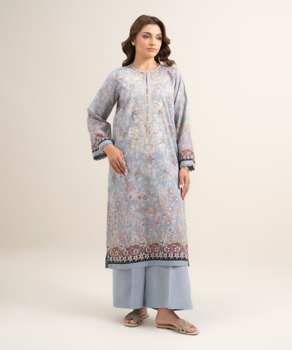 Women's RTW Lawn Embroidered Grey A-Line Shirt