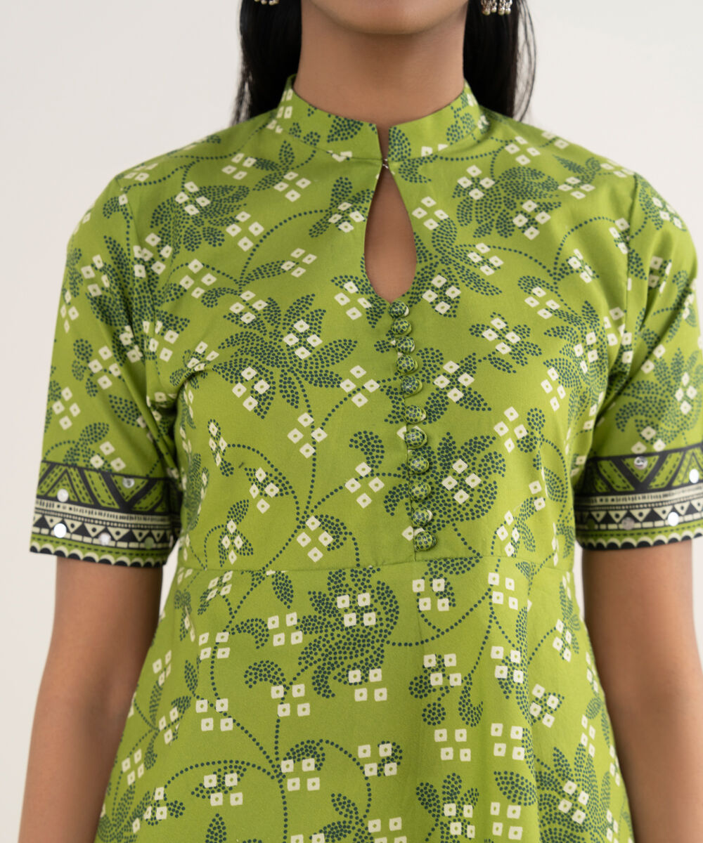 Women's Unstitched Cotton Printed Green Shirt