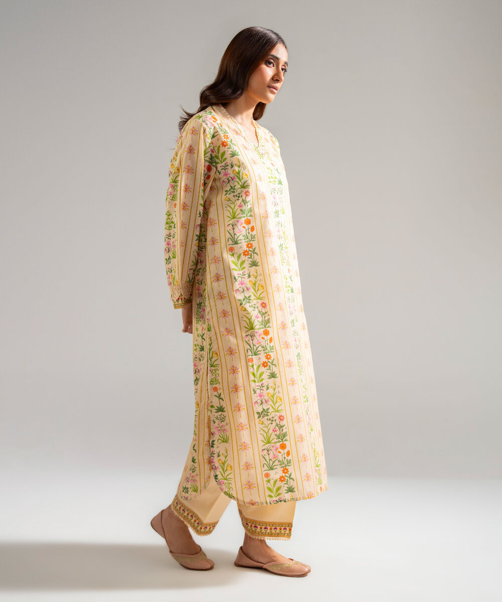 Women's RTW Slub Lawn Printed Beige Straight Shirt