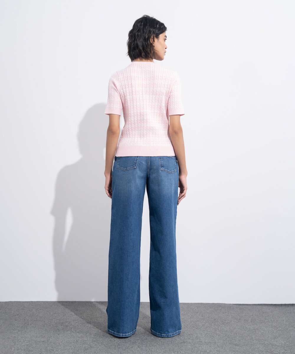 Women's Western Wear Pink Short Sleeve Striped Sweater