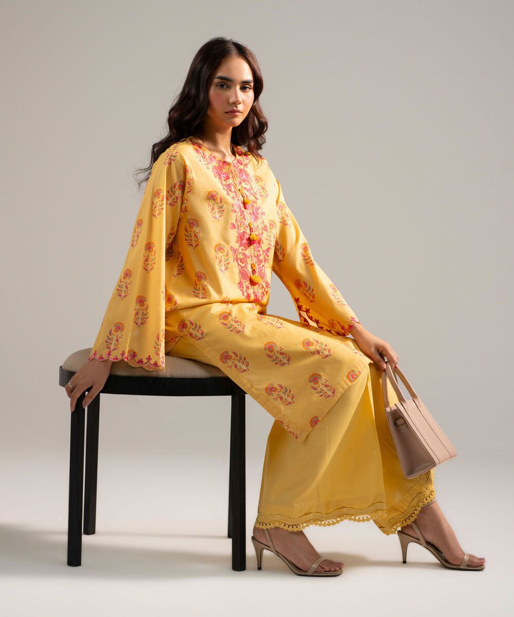 Women's RTW Lawn Embroidered Yellow Straight Shirt
