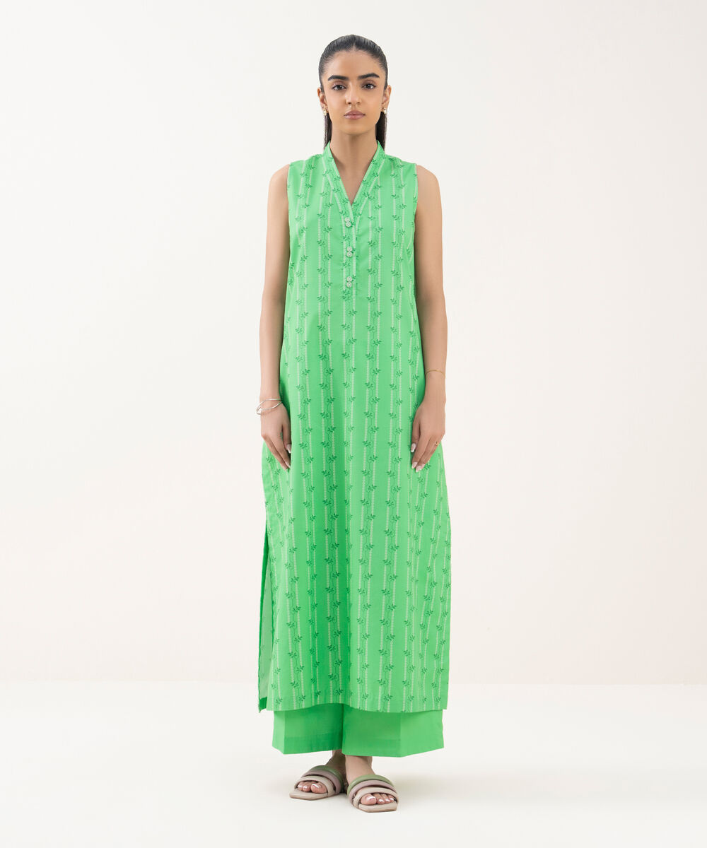 Women's Unstitched Cotton Printed Green 3 Piece Suit