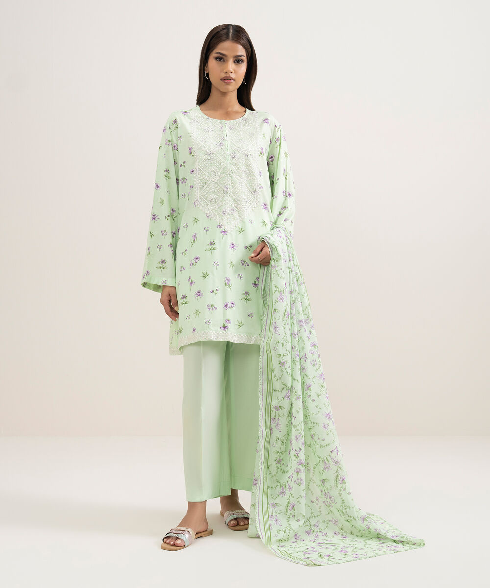 Women's RTW Cotton Viscose Embroidered Green Straight Shirt