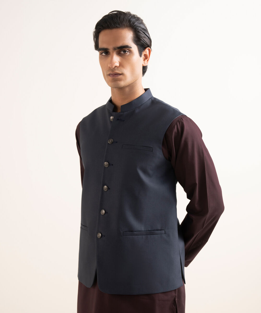 Men's Stitched Textured Wash & Wear Blue Waistcoat