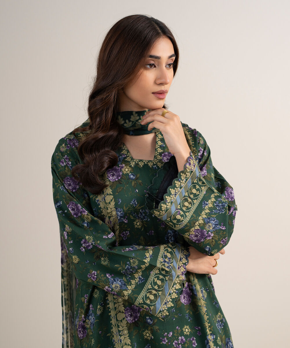 Women's Unstitched Arabic Lawn Printed Green