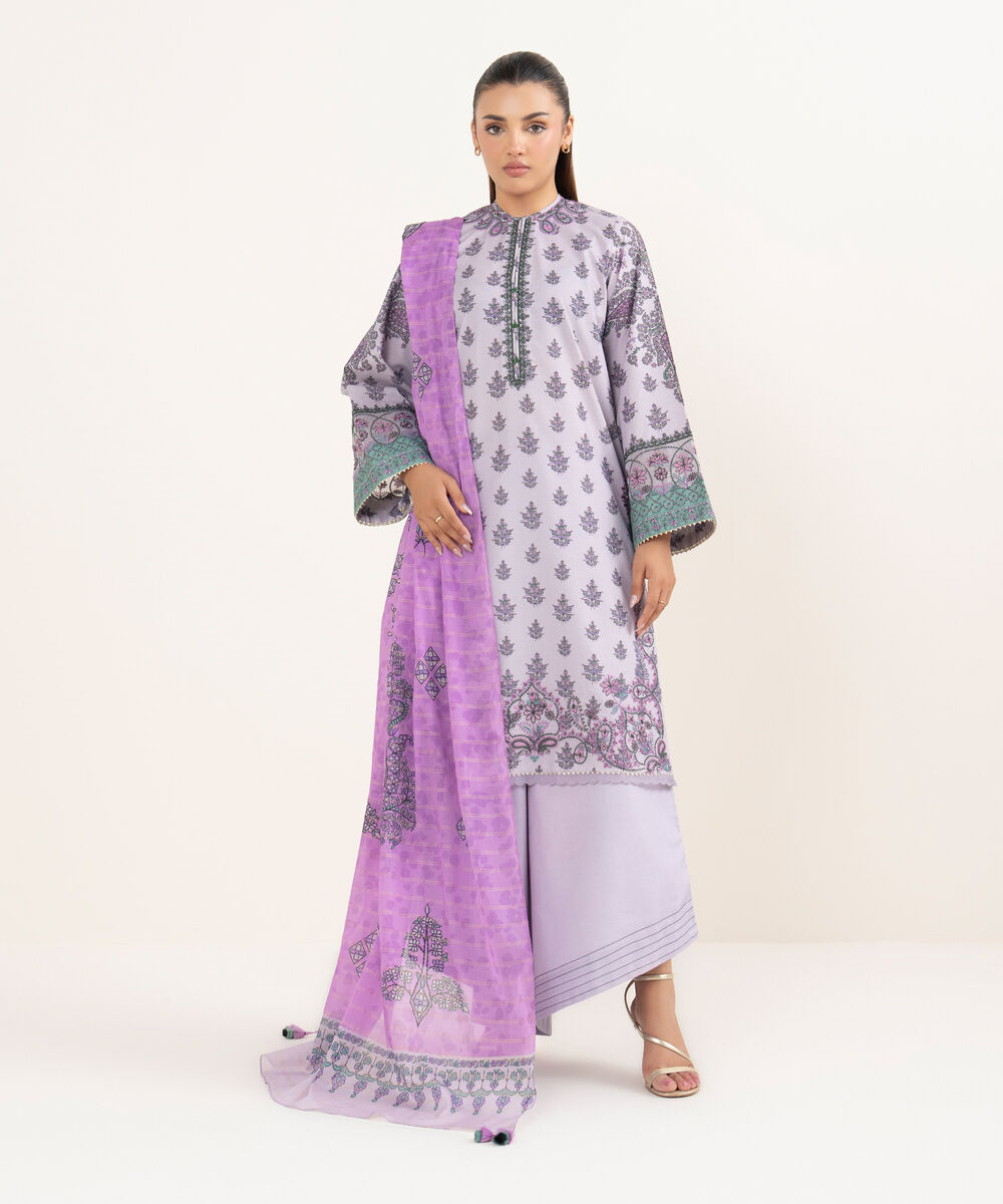 Women's Unstitched Lawn Embroidered Lilac Three Piece Suit
