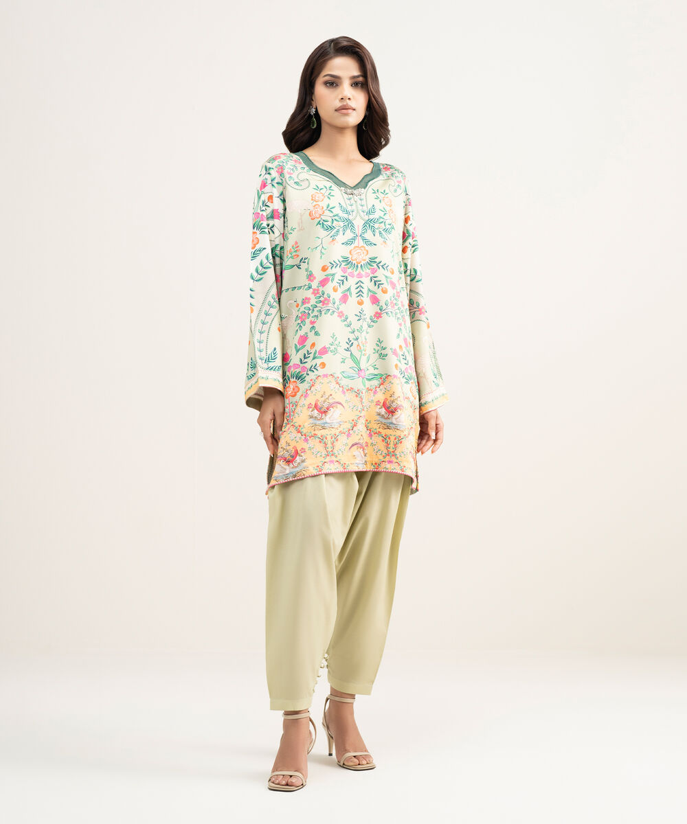 Women's RTW Premium Visocose Satin Embroidered Green Straight Shirt