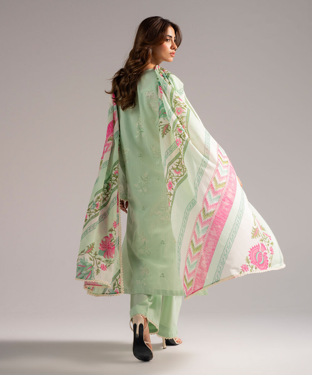 Women's RTW Textured Cotton Embroidered Green 3 Piece Suit