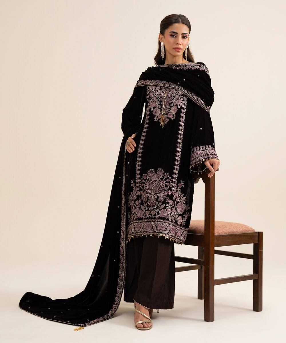 Women's Unstitched Velvet Embroidered Plum 3 Piece Suit