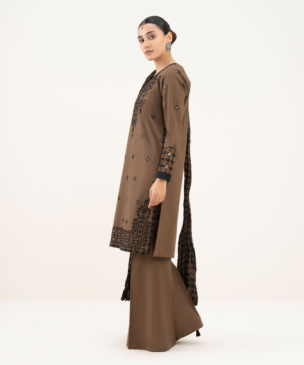 Women's Unstitched Cotton Embroidered Brown 3 Piece Suit