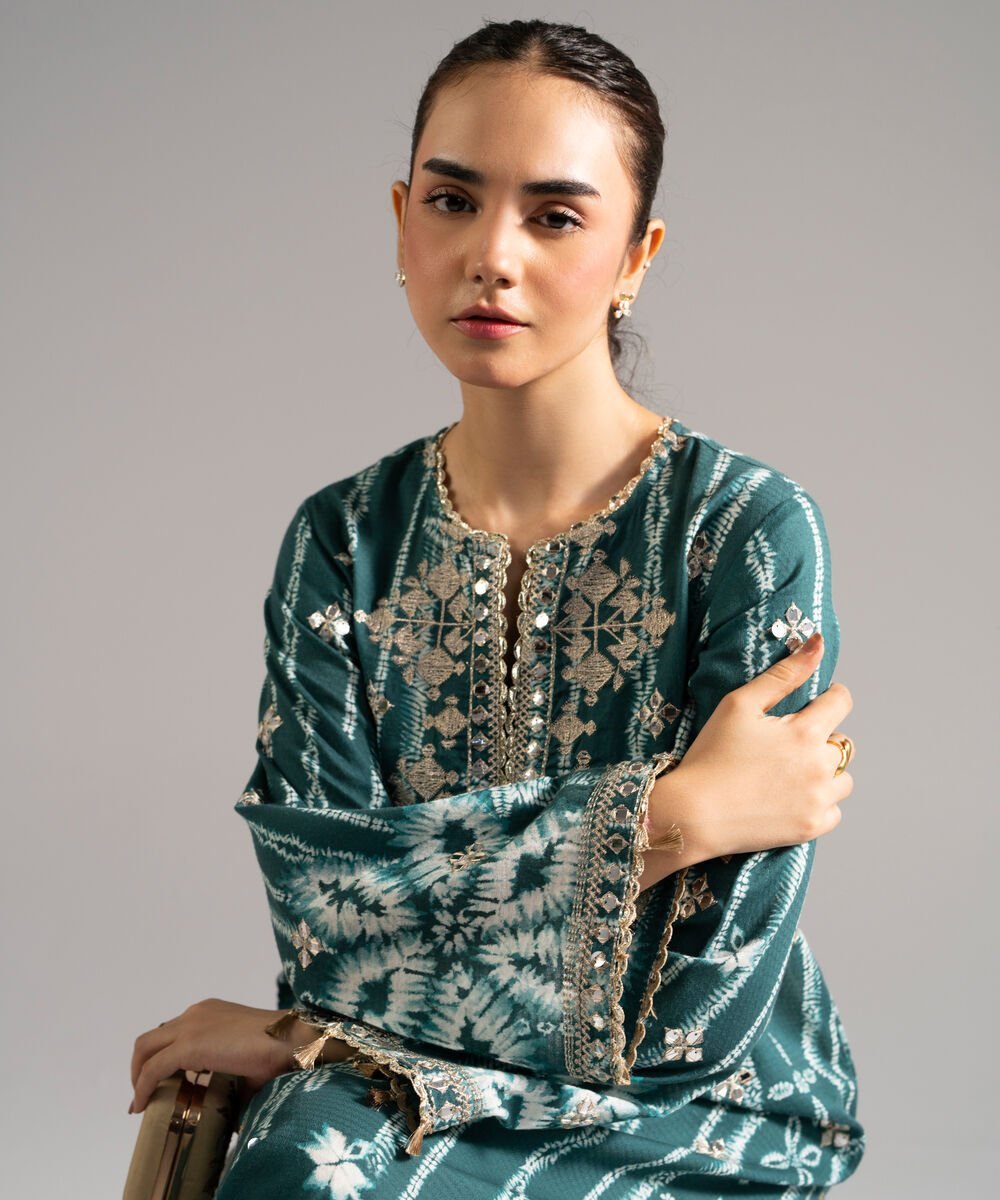 Women's RTW Dobby Embroidered Green Straight Shirt