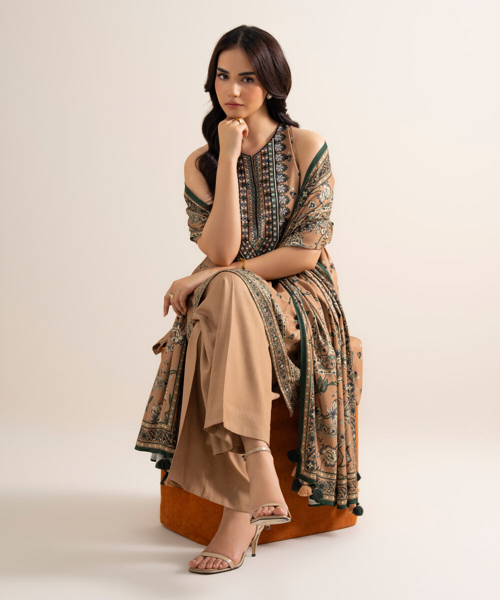 Women's Unstitched Embroidered Linen Brown 3 Piece Suit