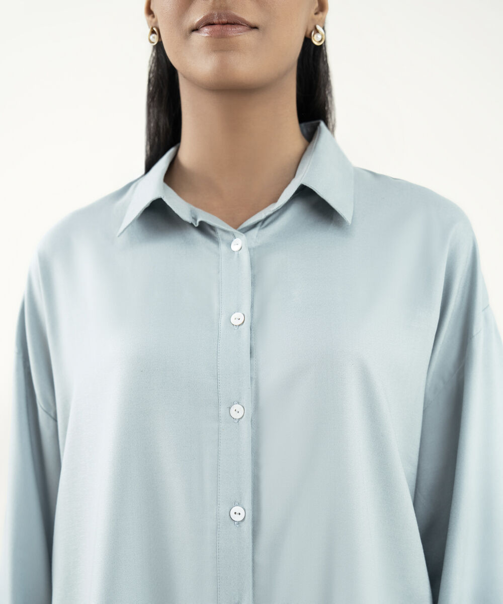 Women's RTW Dobby Blue Solid Button Down Shirt