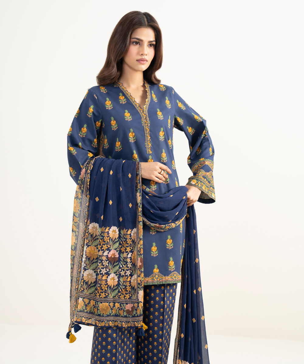 Women's Unstitched Lawn Printed Blue 3 Piece Suit