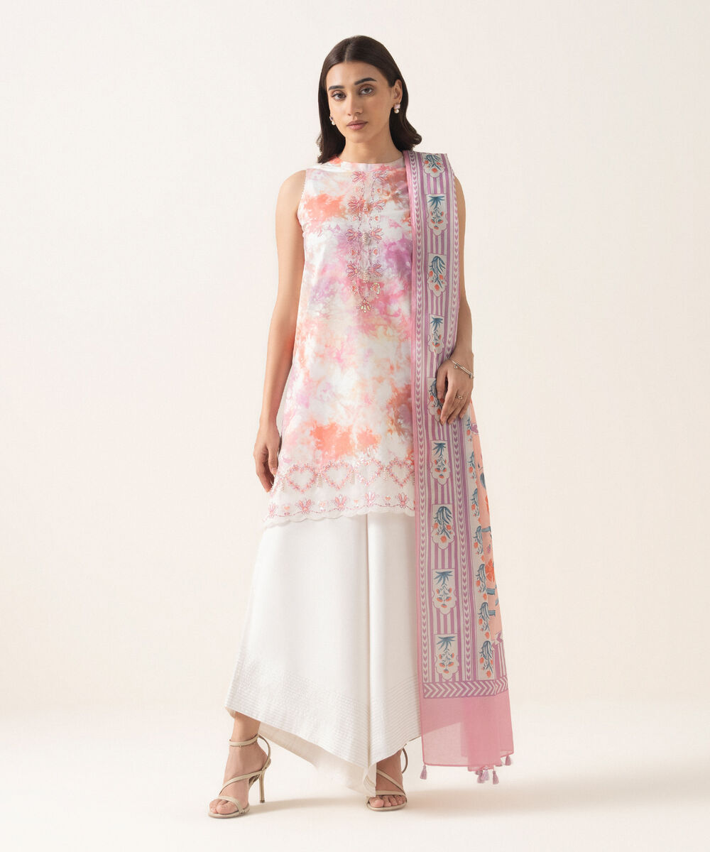 Women's Unstitched Textured Lawn Embroidered Pink 3 Piece Suit