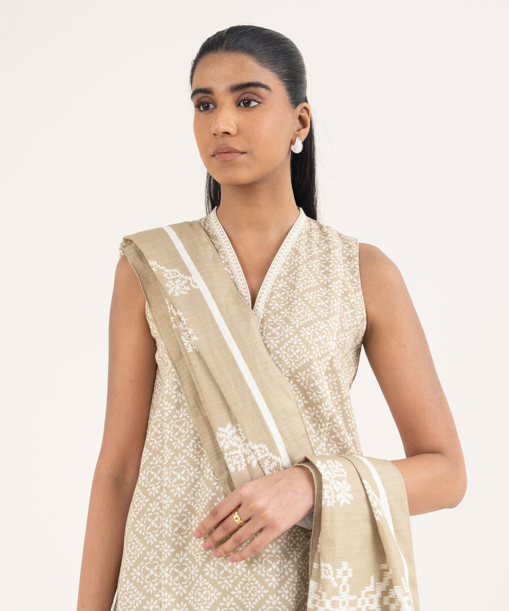 Women's Unstitched Light Khaddar Printed Beige 3 Piece Suit