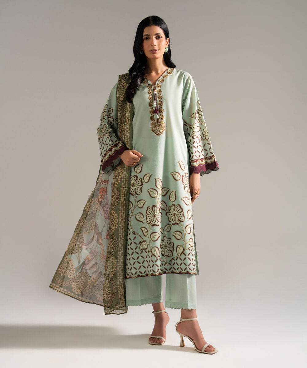 Women's RTW Slub Lawn Printed Green 3 Piece Suit