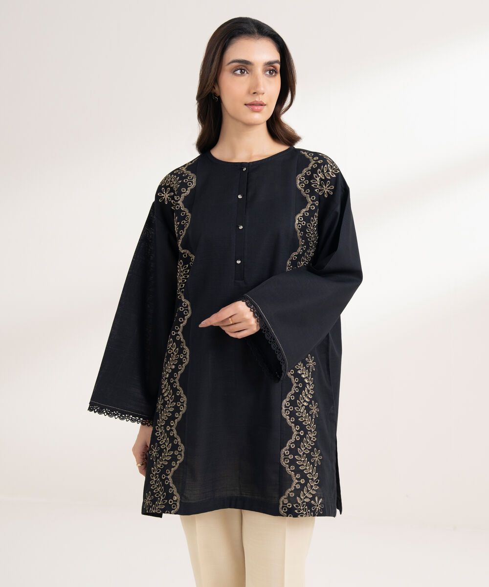 Women's RTW Cotton Embroidered Straight Black Shirt