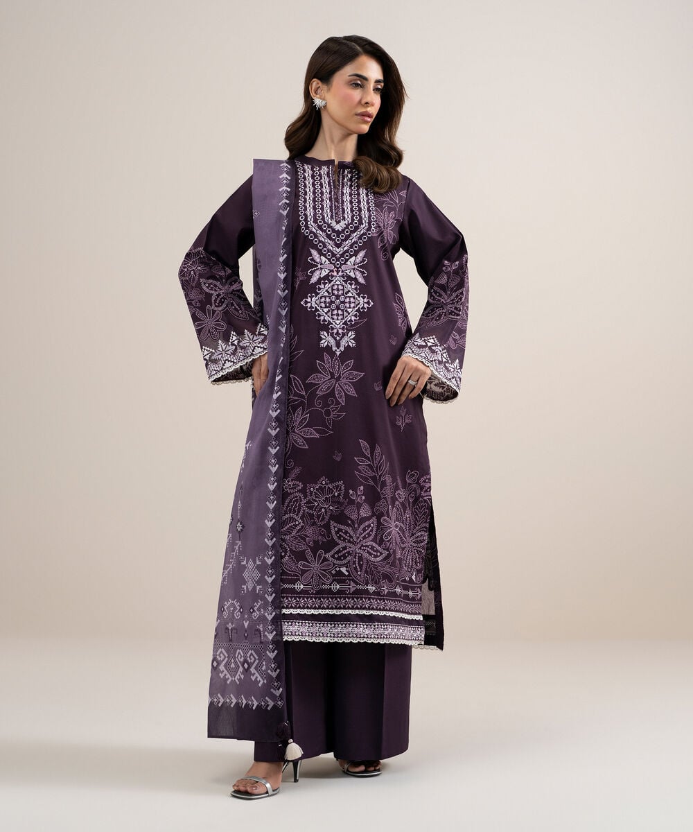 Women's Unstitched Lawn Embroidered Purple 3 Piece Suit